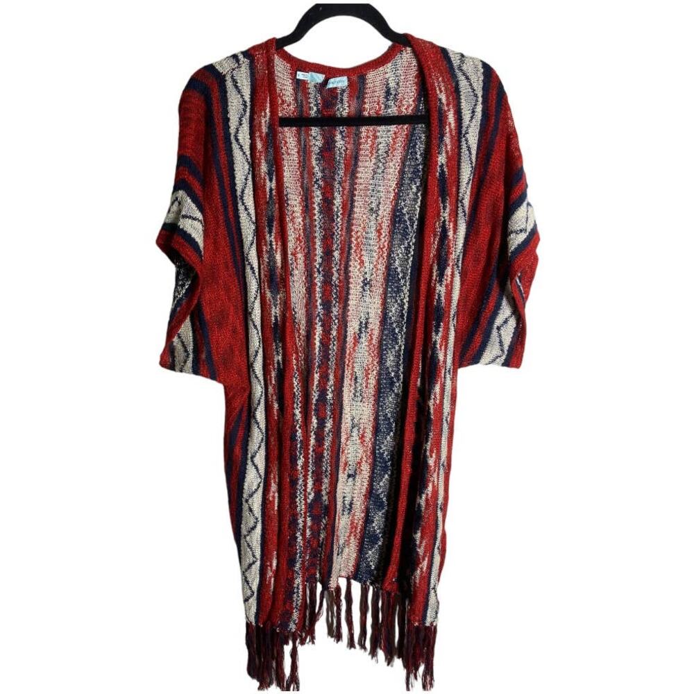 Maurice’s Red Blue Long Open Aztec Cardigan Sweater - Small